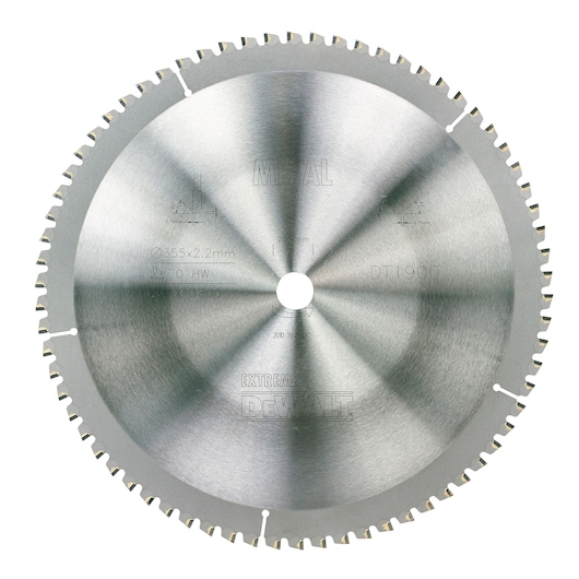 DEWALT DT1900 circular saw blade for metal, silver color with detailed specifications on the surface.