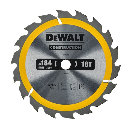 DEWALT DT1938 circular saw blade, 184mm diameter, 18 teeth, silver with yellow ring for construction use.