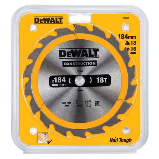 DEWALT DT1938 184mm circular saw blade for construction, 18 teeth, max 7000 RPM, packaged in yellow plastic.