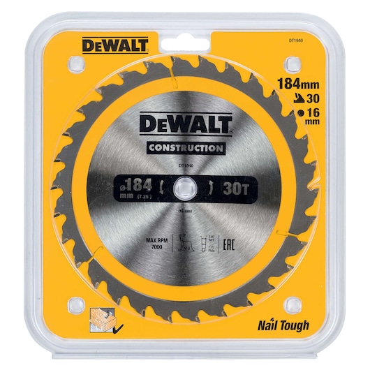 DEWALT DT1940 184mm circular saw blade for construction use, 30 teeth, in yellow packaging.