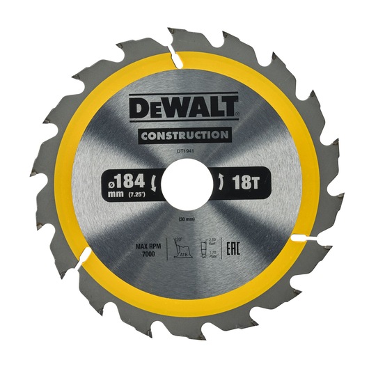 DEWALT DT1941 circular saw blade, 184 mm diameter, 18 teeth, for construction use.