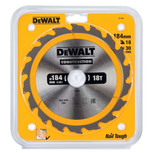 DEWALT DT1941 circular saw blade in packaging, 184mm diameter, 18 teeth, for construction and wood cutting.