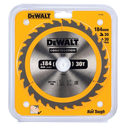 DEWALT DT1942 circular saw blade in packaging, 184mm diameter, 30 teeth, for construction and wood cutting.