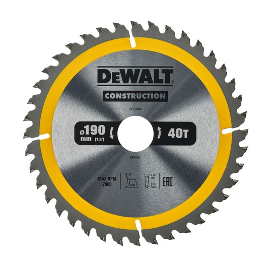 DEWALT DT1945 circular saw blade, 190mm diameter, 40 teeth, silver with yellow ring, for construction use.