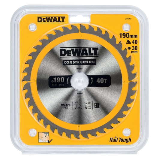 DEWALT DT1945 circular saw blade, 190mm, 40 teeth, for construction, in yellow and clear packaging.