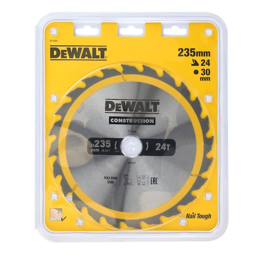 DEWALT DT1954 235mm 24T circular saw blade for construction, in yellow retail packaging.