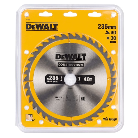 DEWALT DT1955 235mm circular saw blade for construction in yellow packaging, 40 teeth, fits 30mm arbors.