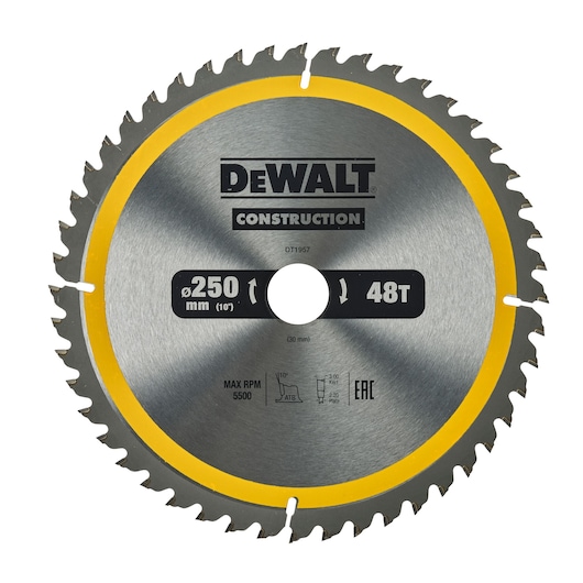 DEWALT DT1957 circular saw blade, 250mm diameter, 48 teeth, silver with yellow ring, for construction use.