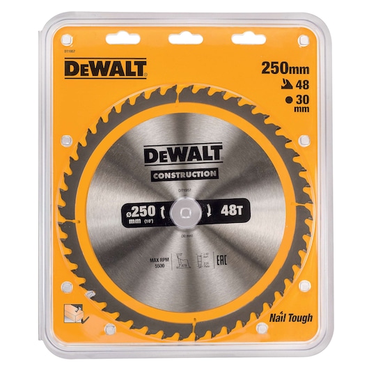DEWALT DT1957 construction saw blade in packaging, 250mm diameter, 48 teeth, fits 30mm arbor.