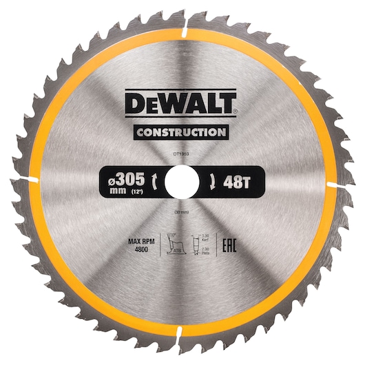 DEWALT DT1959 circular saw blade, 305mm diameter, 48 teeth, for construction use.