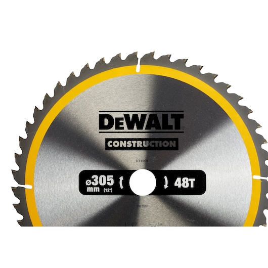 DEWALT DT1959 305 mm circular saw blade for construction with 48 teeth, silver with yellow edge.