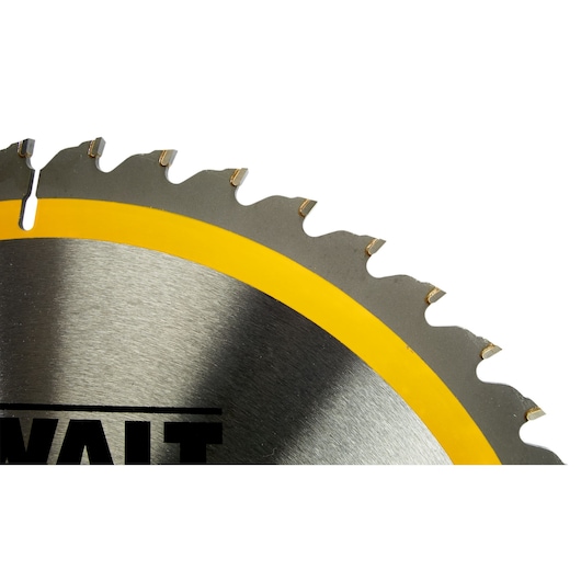 Close-up of a DEWALT circular saw blade with sharp teeth and a yellow ring on the edge.