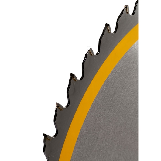 Close-up of a DEWALT circular saw blade with sharp teeth and a yellow stripe detail.