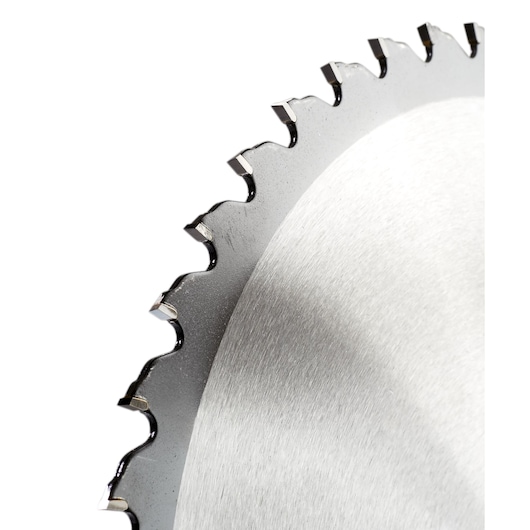 Close-up of a DEWALT circular saw blade with sharp metal teeth for cutting wood or other materials.