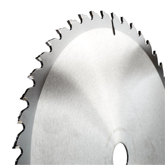 Close-up of a DEWALT circular saw blade with metal teeth, shown against a white background.