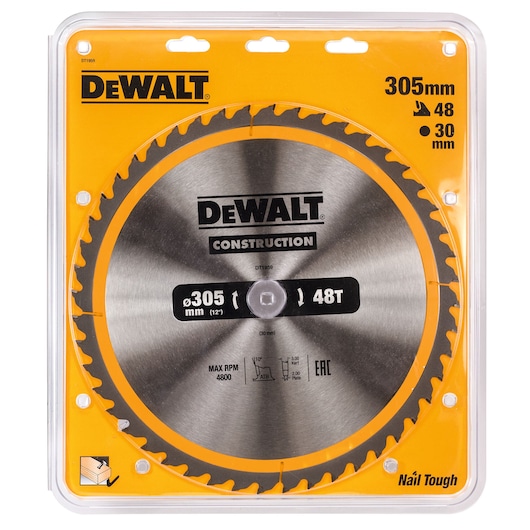 DEWALT DT1959 circular saw blade, 305mm diameter, 48 teeth, in yellow packaging for construction use.