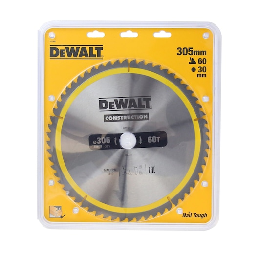 DEWALT DT1960 305mm circular saw blade in yellow packaging for construction use.