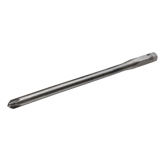 A DEWALT long screwdriver bit with hex shank and cross tip, designed for power tools. Silver metallic color.