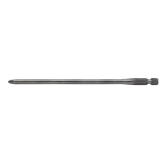Long metal screwdriver bit with a Phillips tip for power tools, shown against a white background.