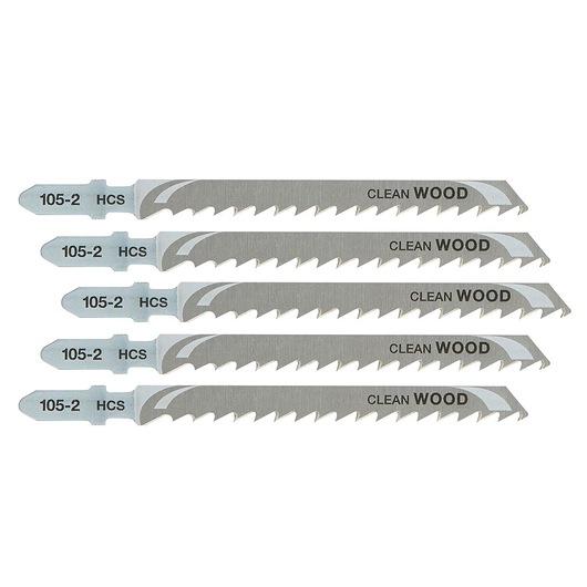 Set of five DEWALT HCS jigsaw blades labeled 'Clean Wood', suitable for wood cutting.