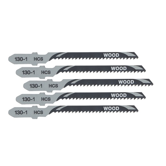 Set of five DEWALT jigsaw blades for wood, labeled 130-1 HCS. Silver and black, arranged parallel.