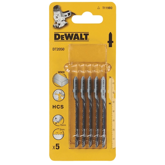 DEWALT DT2050 pack of 5 jigsaw blades for wood. Blades are shown in clear plastic on yellow packaging.