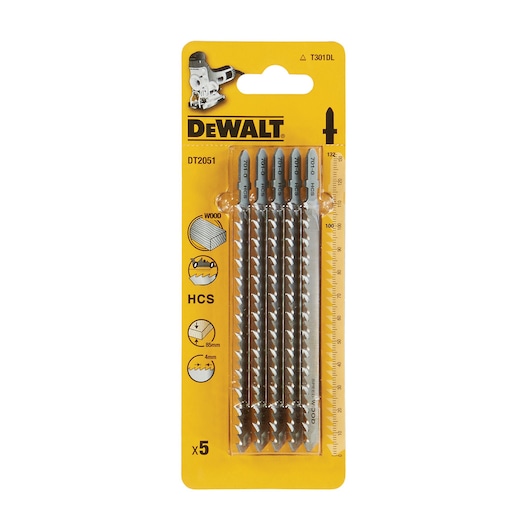 DEWALT DT2051 pack of five jigsaw blades for wood, 85mm HCS, in yellow blister packaging.