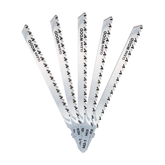 Five DEWALT jigsaw blades for clean wood cutting, arranged in a fan shape on a white background.