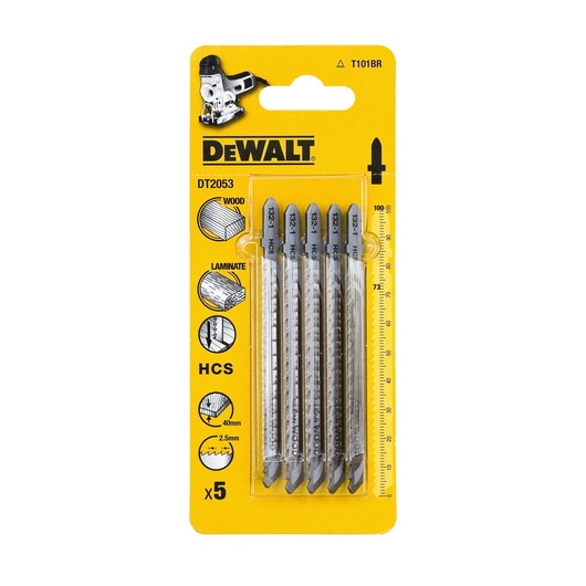 DEWALT DT2053 jigsaw blades, pack of 5 for cutting wood and laminate. Comes in yellow packaging.