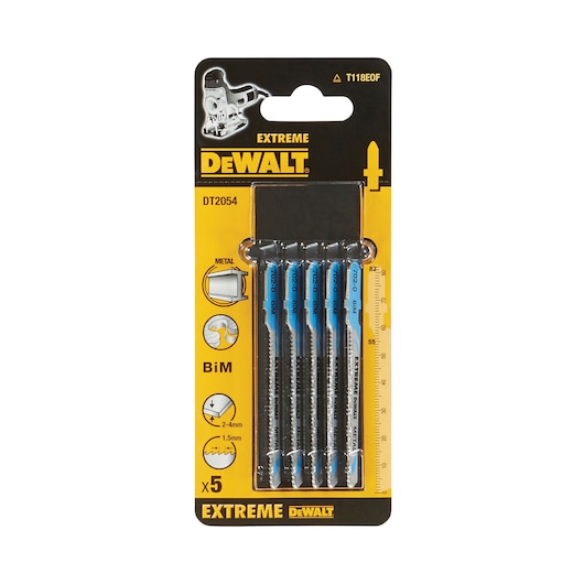 Pack of 5 DEWALT DT2054 Extreme jigsaw blades for cutting metal, displayed in branded yellow and black packaging.