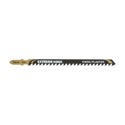DEWALT Extreme jigsaw blade for fibre and plaster, black with gold details and sharp teeth.