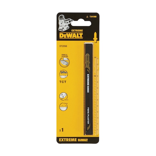 DEWALT DT2056 jigsaw blade in yellow package, labeled for cutting fibre and plaster materials.