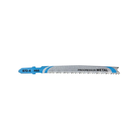 Metal jigsaw blade with blue markings, labeled 970-4 HSS and PROGRESSOR METAL. Suitable for metal cutting.