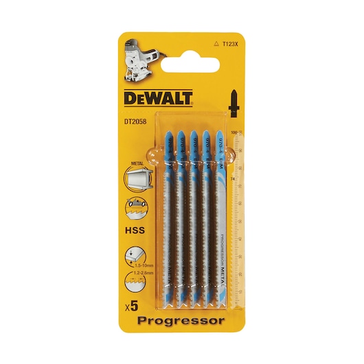 DEWALT DT2058 jigsaw blades set for metal, pack of 5, HSS material, in yellow packaging.