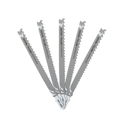 Five DEWALT DT2059 jigsaw blades for cutting metal and wood, arranged in a fan shape on a white background.