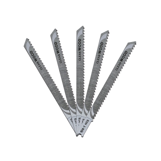 Five DEWALT jigsaw blades for clean wood cutting, arranged in a fan shape against a white background.