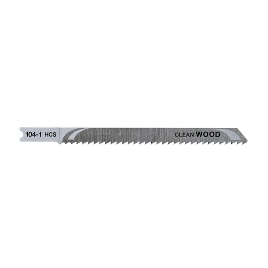 DEWALT DT2060 jigsaw blade for clean wood cutting, silver with fine teeth, shown on white background.