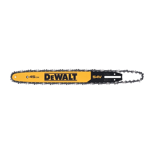 DEWALT 45 cm chainsaw bar with chain, yellow and black, marked with 54V. Product for chainsaw use.