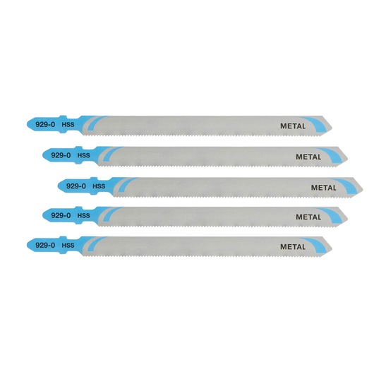 Set of five DEWALT metal jigsaw blades with blue tips, labeled 929-0 HSS, designed for metal cutting tasks.