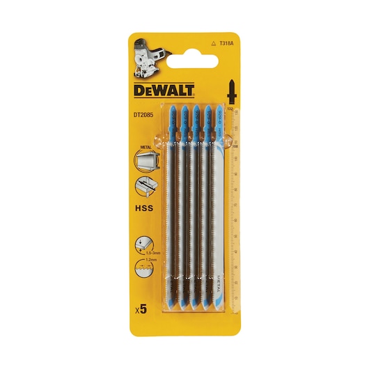 DEWALT DT2085 pack of 5 metal jigsaw blades for cutting, shown in yellow retail packaging.