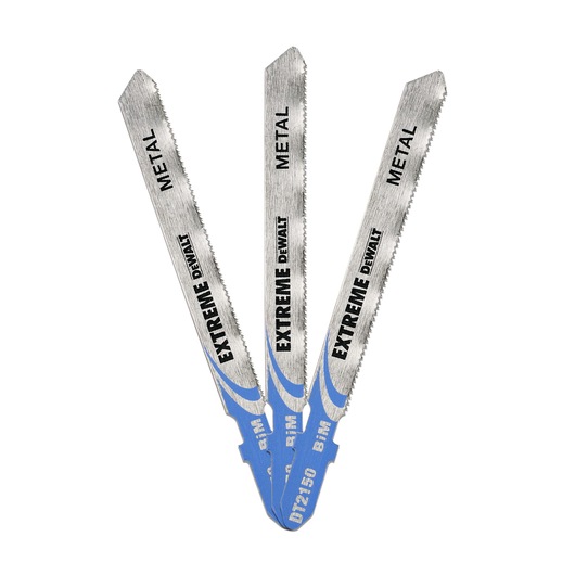 Three DEWALT DT2150 Extreme metal jigsaw blades with blue bases, arranged in a fan shape.