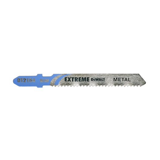 DEWALT DT2154 Extreme metal jigsaw blade with blue base and sharp teeth for cutting metal surfaces.