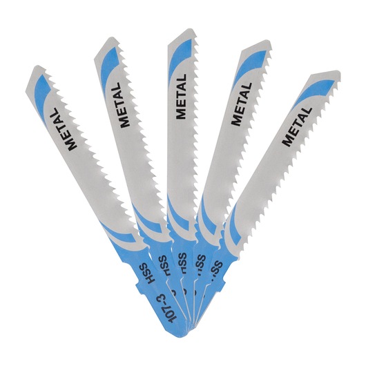 Five DEWALT DT2161 jigsaw blades for metal cutting, arranged in a fan shape with blue and silver colors.