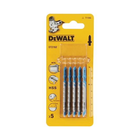 DEWALT DT2162 pack of 5 HSS metal jigsaw blades in yellow packaging with product info and ruler scale.