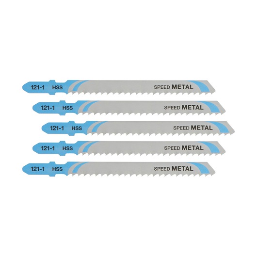 Five DEWALT DT2163 metal cutting jigsaw blades with blue and silver design, labeled HSS and SPEED METAL.