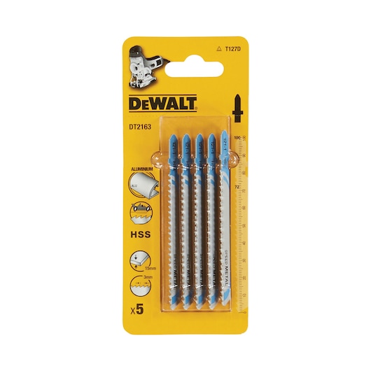DEWALT DT2163 jigsaw blade set for aluminum, pack of 5 blades in yellow packaging.