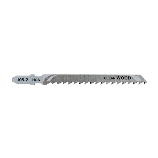DEWALT DT2164 jigsaw blade for clean wood cutting. Metal blade with sharp teeth, labeled 105-2 HCS.