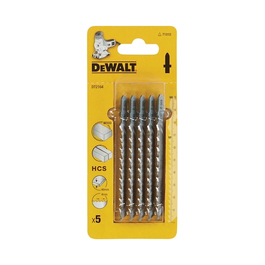 DEWALT DT2164 jigsaw blades for wood, pack of 5, shown in yellow packaging with product details.