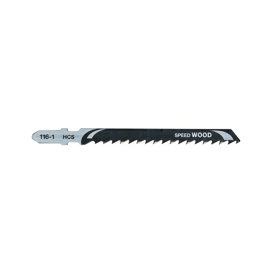 A single DEWALT DT2166 jigsaw blade for cutting wood, shown on a white background. The blade has sharp, angled teeth and is marked with '116-1 HCS' and 'Speed Wood'.