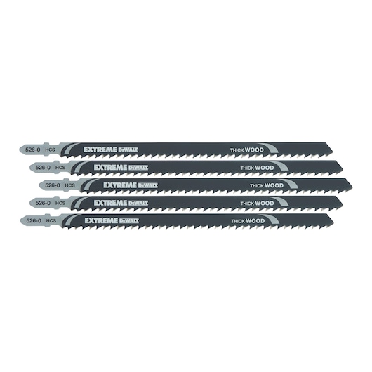 Set of five DEWALT jigsaw blades for thick wood, black with sharp teeth, model DT2167.